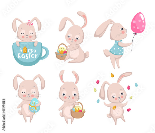 Happy Easter. Set of cute bunnies. Elements for greeting  invitation card. Vector illustration EPS10