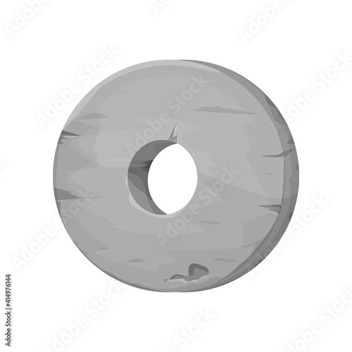Stone wheel in cartoon style, ancient age, prehistoric technology in cartoon style isolated on white background. Primitive round object from rock, caveman tool, evolution.