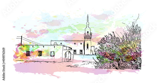 Building view with landmark of Cairo is the
capital of Egypt. Watercolour splash with hand drawn sketch illustration in vector.