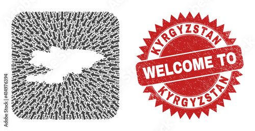 Vector collage Kyrgyzstan map of moving arrows and scratched Welcome seal stamp. Collage geographic Kyrgyzstan map created as subtraction from rounded square with moving arrows. photo