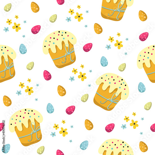 Fototapeta Naklejka Na Ścianę i Meble -  Easter seamless pattern with eggs, easter pies and flowers on white background. Vector illustration