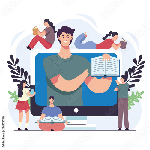 group of readers people with ebooks in desktop characters