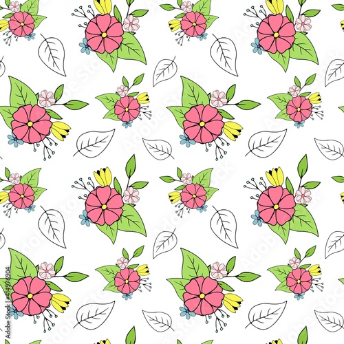 Seamless pattern with simple floral elements. Endless texture for spring and summer seasonal designs. Vector hand drawn illustration