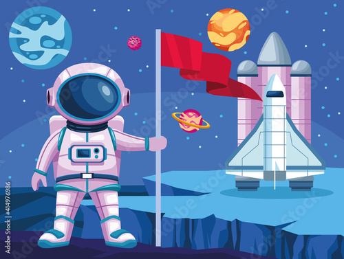 astronaut with flag and rocket space universe scene
