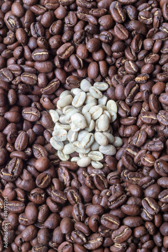 Close up of roasted and unroasted coffee grains