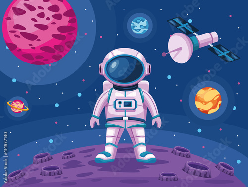 astronaut standing in moon with satellite space universe scene