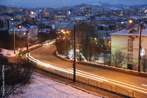 View of city Murmansk during polar night. The northern city in Russia.
