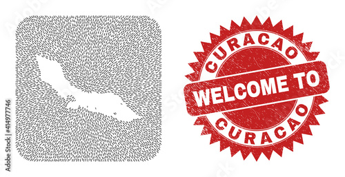 Vector mosaic Curacao Island map of direction arrows and rubber Welcome stamp. Mosaic geographic Curacao Island map constructed as hole from rounded square with pointing arrows.