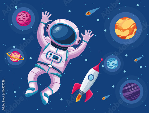 astronaut with planets and rocket space universe scene