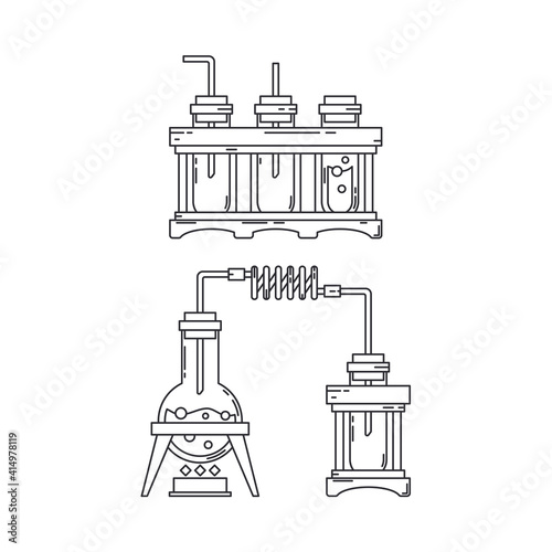 Line medical pharmaceutica icon set retort, tube. Professional equipment symbol. Science, pharmacy, medic, chemistry background emblem element. Laboratory glass. Vector medical outline illustration. photo