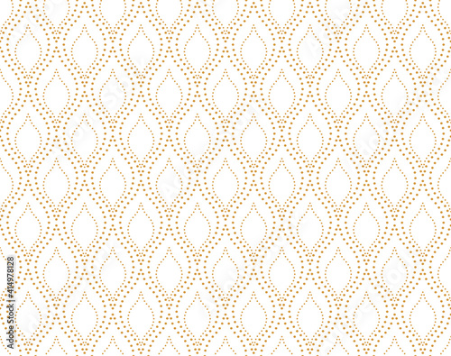 The geometric pattern with wavy lines, points. Seamless vector background. White and gold texture. Simple lattice graphic design