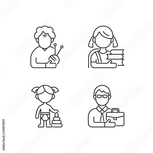 Aging process linear icons set. Elderly woman. Schoolgirl. Female toddler. Middle-aged man. Pensioner. Customizable thin line contour symbols. Isolated vector outline illustrations. Editable stroke