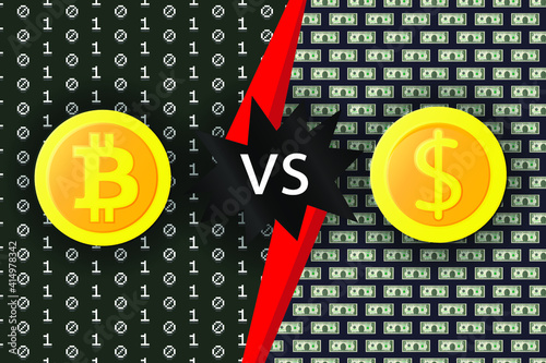 Bitcoin Cryptocurrency VS US Dollar sign Creative e-business concept vector illustration