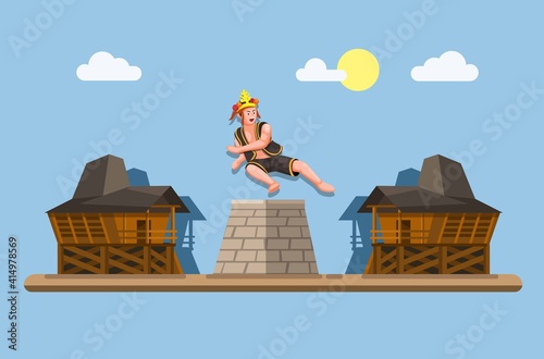Stone Jumping or Hombo Batu was a virility ritual for boys in Nias Island Indonesia. boy jump over a 6 feet stone to prove his manhood concept in cartoon illustration vector