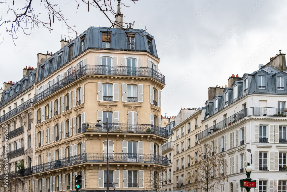 Paris, typical facades, beautiful buildings in the center 
