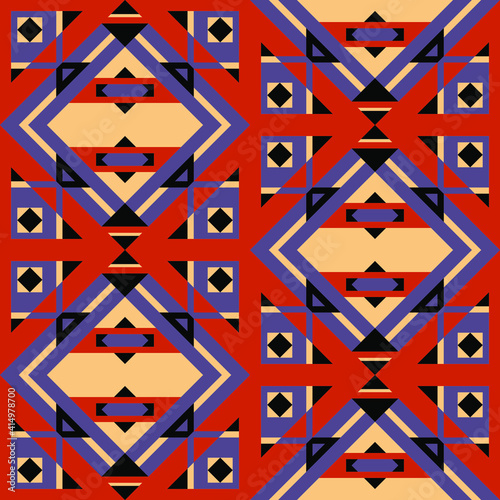 Native American Geometric Square Warm Colors Seamless Pattern