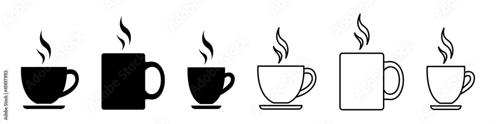 Set of coffee cups icons. Symbols cups coffee with steam. Coffee cup with saucer line art icon for apps and websites. Cup of hot tea, drink. Vector illustration. Set of coffee cups icons. Symbols cups coffee with steam. Coffee cup with saucer line art icon for apps and websites. Cup of hot tea, drink. Vector illustration.