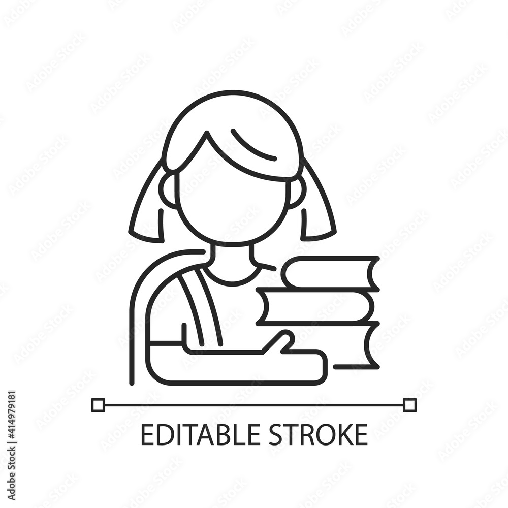 Schoolgirl linear icon. Physical, cognitive growth. Mental development. Elementary education. Thin line customizable illustration. Contour symbol. Vector isolated outline drawing. Editable stroke Schoolgirl linear icon. Physical, cognitive growth. Mental development. Elementary education. Thin line customizable illustration. Contour symbol. Vector isolated outline drawing. Editable stroke