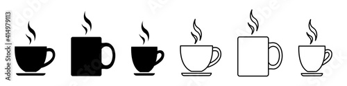 Set of coffee cups icons. Symbols cups coffee with steam. Coffee cup with saucer line art icon for apps and websites. Cup of hot tea, drink. Vector illustration.