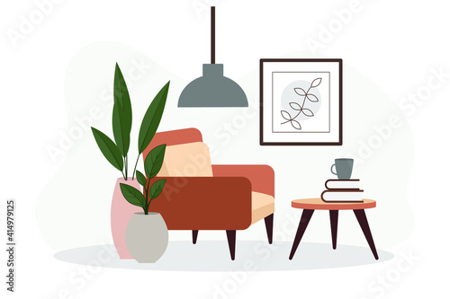 Stylish apartment interiors in Scandinavian style with modern decor. Cozy furnished living room. Cartoon flat vector illustration. Bright, stylish and comfortable furniture with indoor plants. 