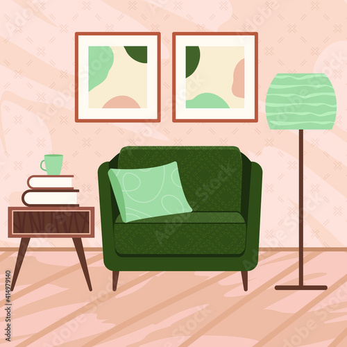 Stylish apartment interiors in Scandinavian style with modern decor. Cozy furnished living room. Cartoon flat vector illustration. Bright, stylish and comfortable furniture with indoor plants. 