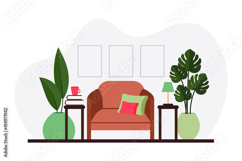 Stylish apartment interiors in Scandinavian style with modern decor. Cozy furnished living room. Cartoon flat vector illustration. Bright, stylish and comfortable furniture with indoor plants. 