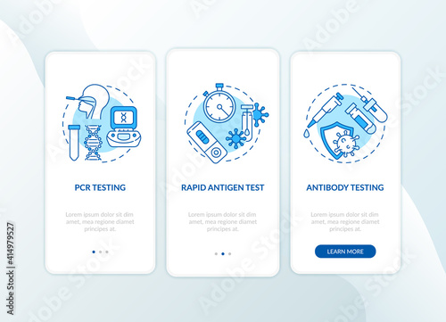 Covid testing types onboarding mobile app page screen with concepts. PCR test, checking for antibodies walkthrough 3 steps graphic instructions. UI vector template with RGB color illustrations