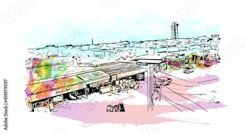 Building view with landmark of Cairo is the
capital of Egypt. Watercolour splash with hand drawn sketch illustration in vector.