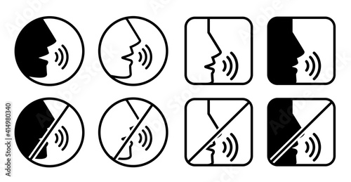 People talk: speak. Black man head silhouette speaking logo.