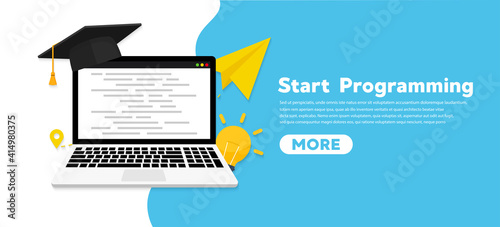 Programming courses and coding on computer. Vector flat illustration.