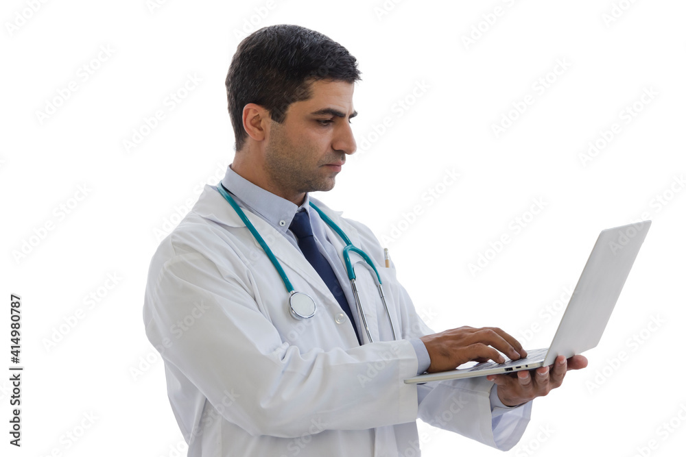 male doctor puts a stethoscope on his neck and holding laptop look to screen monitor isolated male doctor puts a stethoscope on his neck and holding laptop look to screen monitor isolated