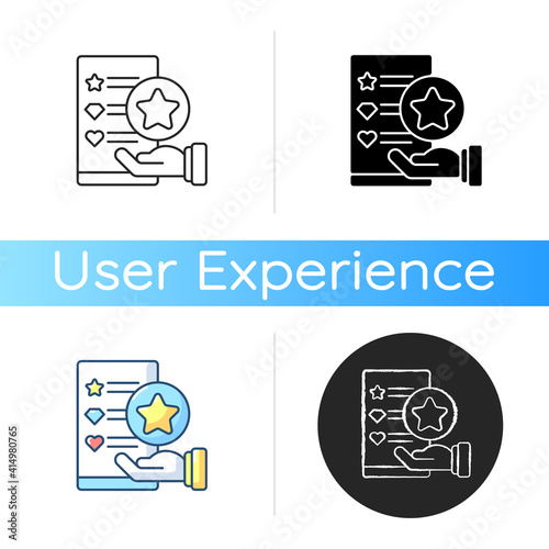 Usability evaluation icon. Product-user interaction. User satisfaction with product discovering process. Gathering customers feedback. Linear black and RGB color styles. Isolated vector illustrations