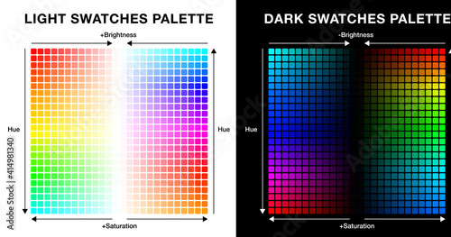 Light and dark color chart palettes with 1374 swatches for your corporate visual branding and marketing assets. Multicolored swatches collection for boost your designs and illustrations