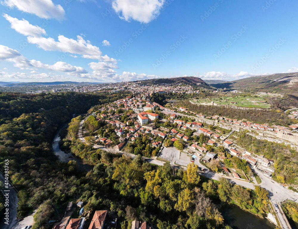 Aerial sunset panorama of city of Veliko Tarnovo, Bulgaria
