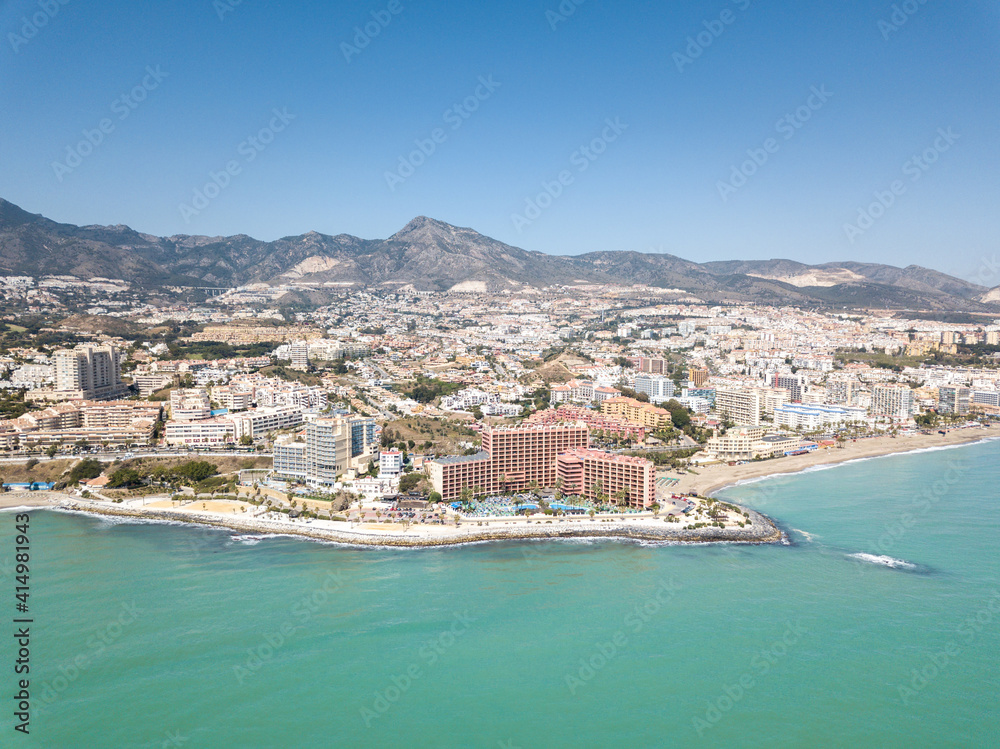 Aerial perspective of beautiful Andalusian city Benalmadena. Situated in south of Spain is a famous touristic destination on Costa del Sol. Emerald water colour. golden mile beach. Malaga Province 