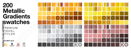 200 radial and linear full color gradients with gold, silver, coper, metal, aluminium style. Vector fully editable gradients collection for any vector software. Colorful set of gradients palette