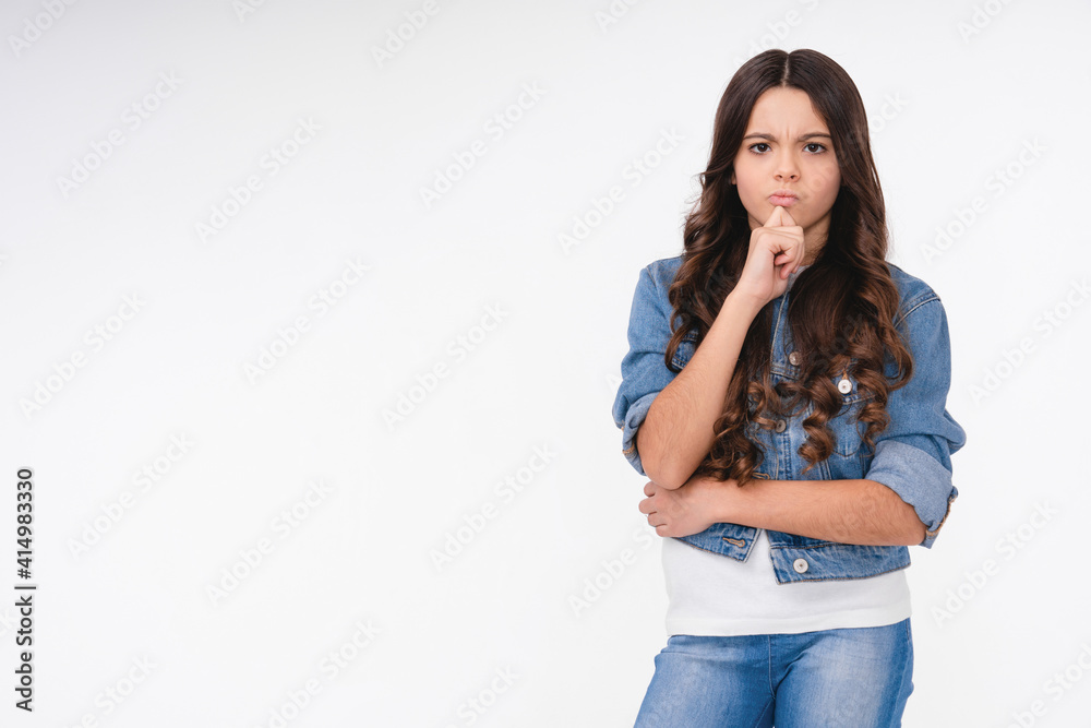 Thoughtful caucasian teen girl in casual attire isolated over white background Thoughtful caucasian teen girl in casual attire isolated over white background