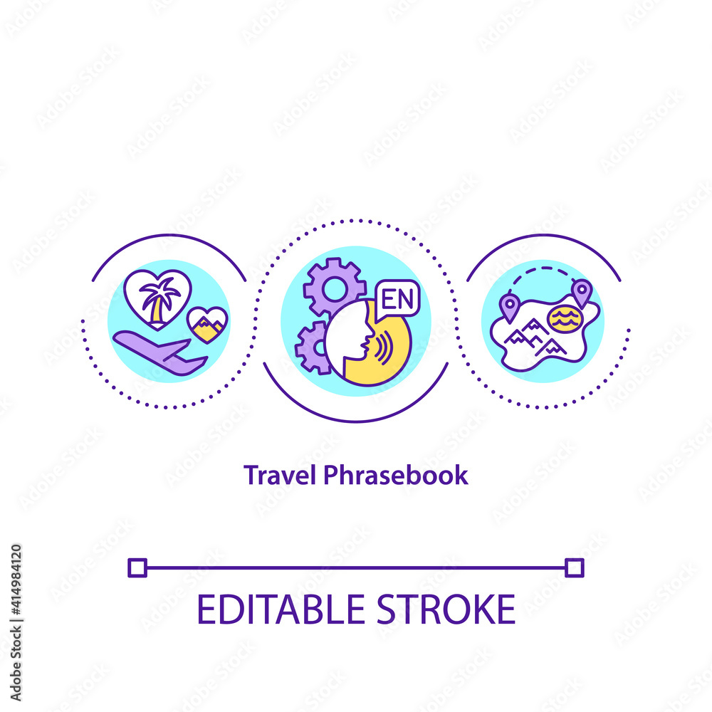 Travel phrasebook concept icon. Collection of ready made phrases and word to learn when you are moving. Teaching idea thin line illustration. Vector isolated outline RGB color drawing. Editable stroke