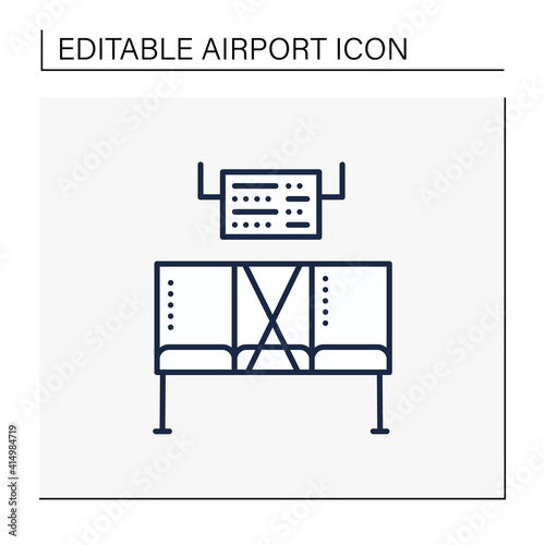  Social distancing at airport line icon. Forced distance between seats due to pandemic.Rethink seating in boarding areas. Airport new normal concept. Isolated vector illustration.Editable stroke