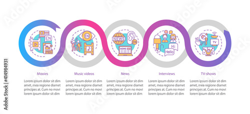 Video learning vector infographic template. Music videos, news, interviews presentation design elements. Data visualization with 5 steps. Process timeline chart. Workflow layout with linear icons