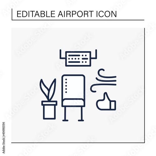 Comfortable waiting area line icon.Clean and fresh air for passengers on plane. Timely disinfection saves from diseases. Airport new normal concept. Isolated vector illustration.Editable stroke