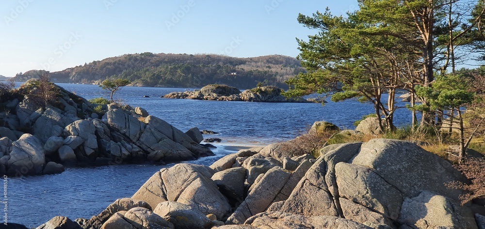 Coast line of southern Norway a sunny winters day in Mandal, Norway