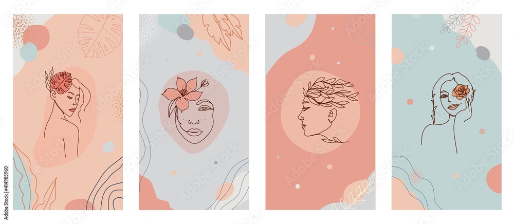 Linear women face and flowers in one line organic style set for logo, icons, packaging beauty products branding, social media stories abstract modern background in pastel colors. Vector illustration.
