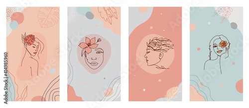 Linear women face and flowers in one line organic style set for logo, icons, packaging beauty products branding, social media stories abstract modern background in pastel colors. Vector illustration.
