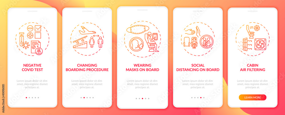Lockdown travel rules onboarding mobile app page screen with concepts. Wearing masks on board walkthrough 5 steps graphic instructions. UI vector template with RGB color illustrations