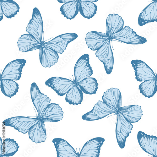 Seamless pattern with hand drawn pastel menelaus blue morpho, blue morpho © Sad
