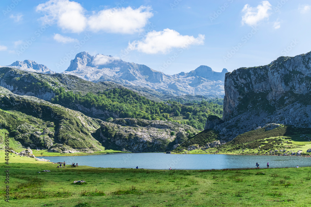 Beautiful view over Lake Ercina and the mountain ranges of the Lakes of Covadonga. Photograph taken in the Picos de Europa, Asturias, Spain. 