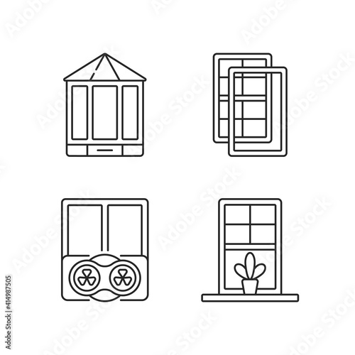 Doors replacement service linear icons set. Bay and bow windows. Extra wind protection. Windowsills. Customizable thin line contour symbols. Isolated vector outline illustrations. Editable stroke