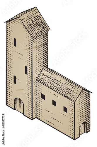 Tablou pe pânză A medieval building map icon isometric illustration in a vintage retro engraved