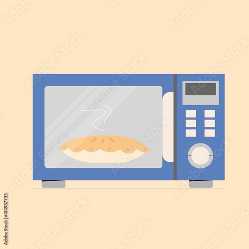 Microwave oven with pie inside it. vector illustration in flat style